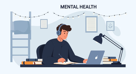 Student Studying Online Listening To Music Relaxed At Home In Cozy Atmosphere