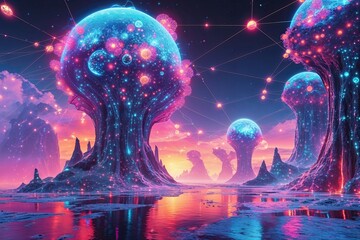 Otherworldly Particle Mapping and Network Dynamics in a Vibrant Aesthetic Canvas