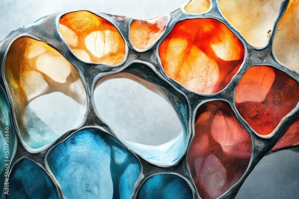Poster abstract cellular structure with vibrant colors, interconnected by a gray framework, creating a dyna