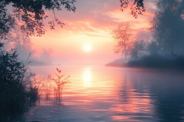 Obraz premium Serene lake scene at sunrise with warm hues reflecting on the still water surface.