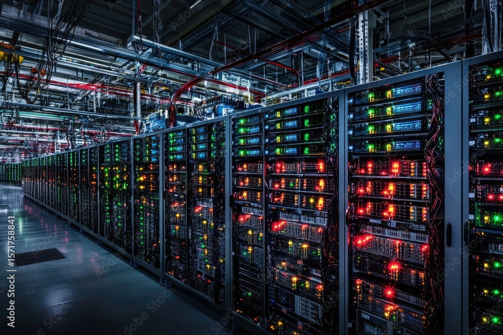 Poster a vast data center filled with rows of servers, blinking lights, and complex cabling, representing m