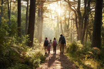 Family Hiking Adventure in Sunlit Forest