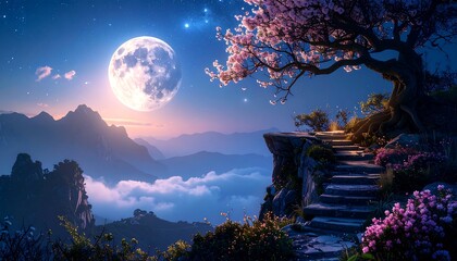 Walking Up Stone Steps on Cliff Overlooking Moonlit Mountain Valley