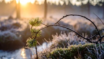 Pine Twig in Frosty Meadow at Sunrise Morning Dew