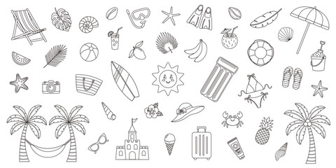 Hand drawn outline set of summer and beach items including palm trees, swimsuit, shells, fruit and travel essentials. Minimalist line art. Coastal icon collection for card, prints, coloring page.