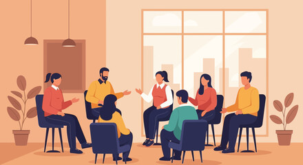 Support Group Meeting Illustration In Bright Room For Wellbeing Therapy Discussion