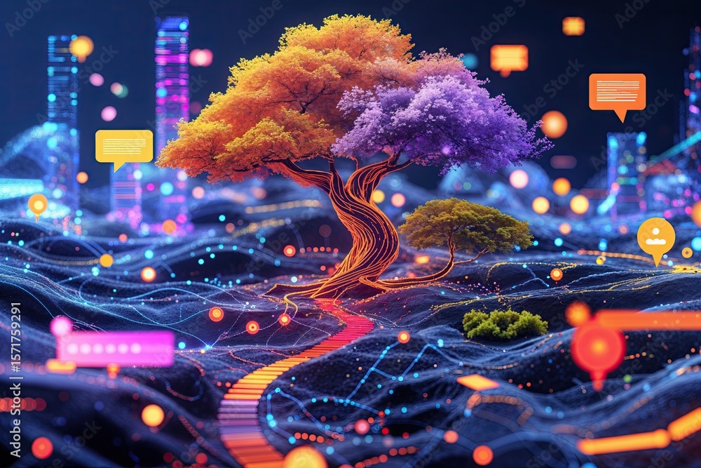 Aufkleber vibrant abstract digital ecosystem with interlinked communication pathways