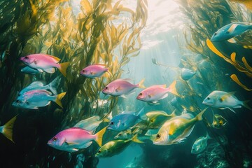 Naklejka premium A vibrant school of fish swim amidst towering kelp forests, bathed in the sun's rays filtering through the ocean's surface.