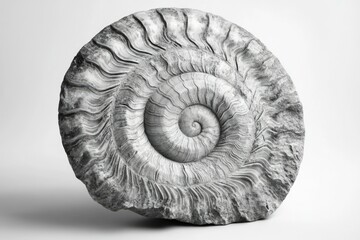 Monochrome shot of a fossilized ammonite shell, showcasing its intricate spiral structure and geological history.