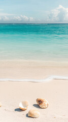 Idyllic vertical beach background with shells on the sand and gentle waves for summer travel concepts