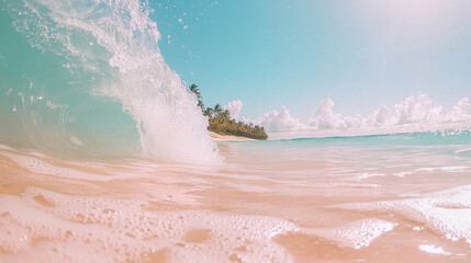 Tropical beach waves in summer paradise with clear water and blue sky