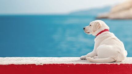 Cute white labrador puppy in red collar against blue sea backdrop. Colorful vacation and leisure banner