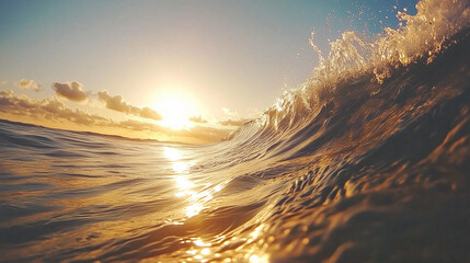 Closeup of ocean wave at sunset with sea and sky in golden light. Background for surfing, kite, adventure concepts