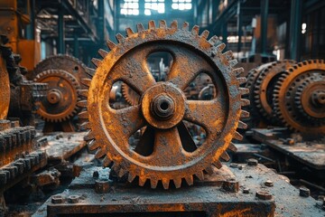 Close-up of large, rusty gears in an old factory, symbolizing industrial decay and mechanical obsolescence.