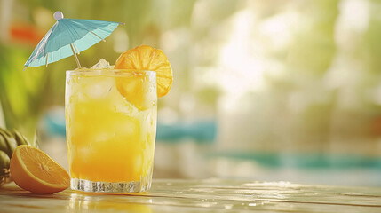 Refreshing tropical cocktail or lemonade with umbrella on sunny summer day blurred background