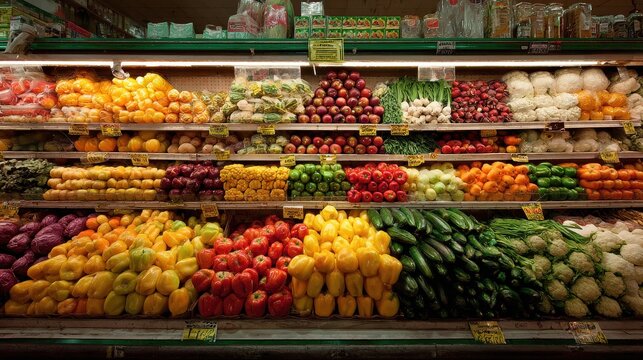 Rows of colorful bell peppers arranged in a grocery store produce section for sale, showcasing fresh vegetables and vivid colors