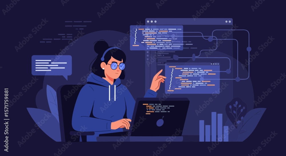 Poster focused female coder developing software on laptop at night illustration