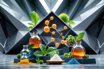 Intricate Organic Compounds Display with Geometric Futuristic Backdrop and Innovative Orientation