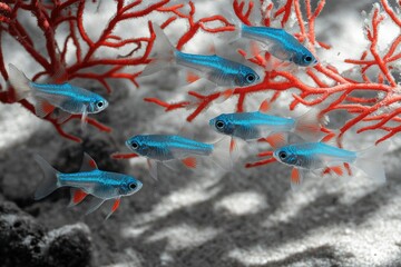 A school of small, vibrant blue fish swims near red coral in clear water.
