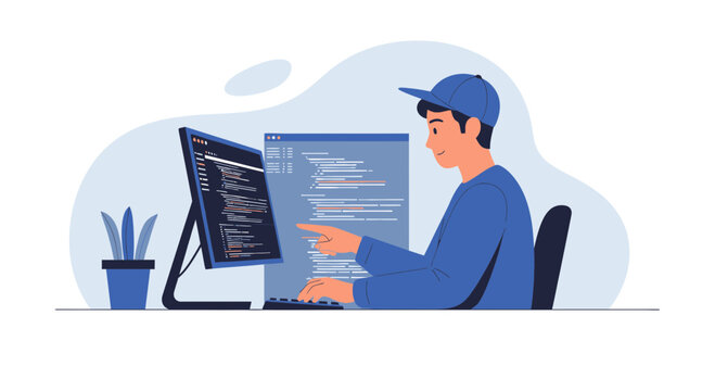 Focused Developer Working Diligently On Computer Software Developing With Complex Coding