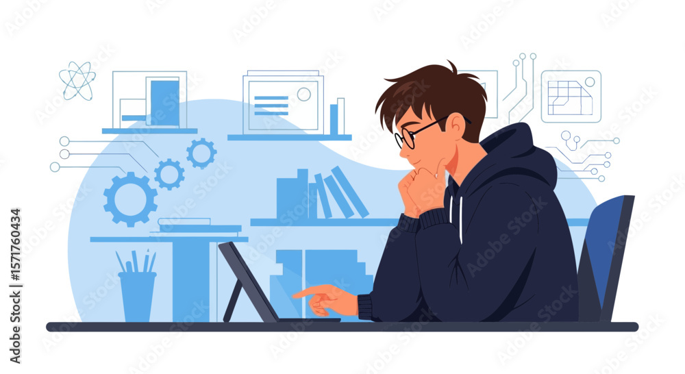 Aufkleber focused young man coding on his tablet device with a modern workspace design