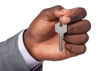 Close up of a man s hand in a suit holding a silver isolated on a transparent background