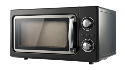  A sleek black microwave oven sits isolated on a transparent background