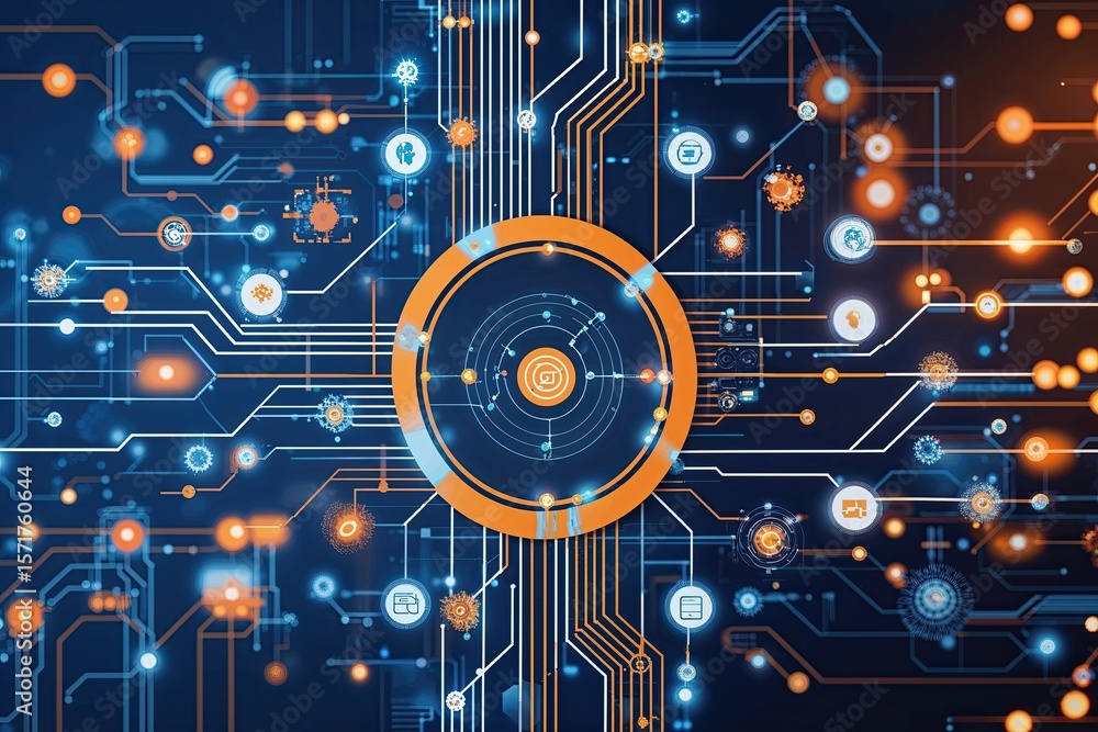 Poster abstract technology circuit with engaging interconnected digital networks backdrop