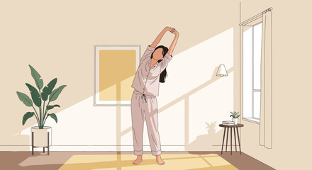 Morning Stretch With Sunlight And Plant Pot In A Cozy Living Room Illustration