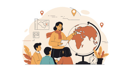 Teacher Explaining Geography Lesson To Students With Globe Classroom Activity