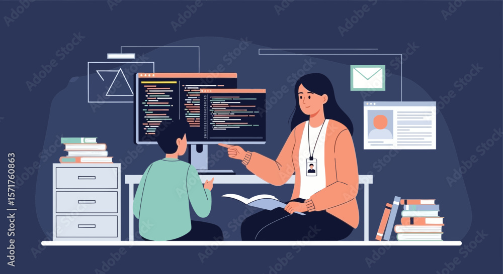 Poster teacher guiding student in software coding with modern technology illustration