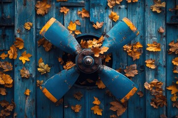 An old propeller with autumn leaves resting on a weathered blue wooden door creates a vintage, seasonal, and rustic scene.