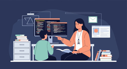 Obraz premium Teacher Guiding Student In Software Coding With Modern Technology Illustration