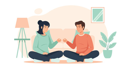 Couple Meditating At Home In A Peaceful And Serene Setting Enjoying Tranquility