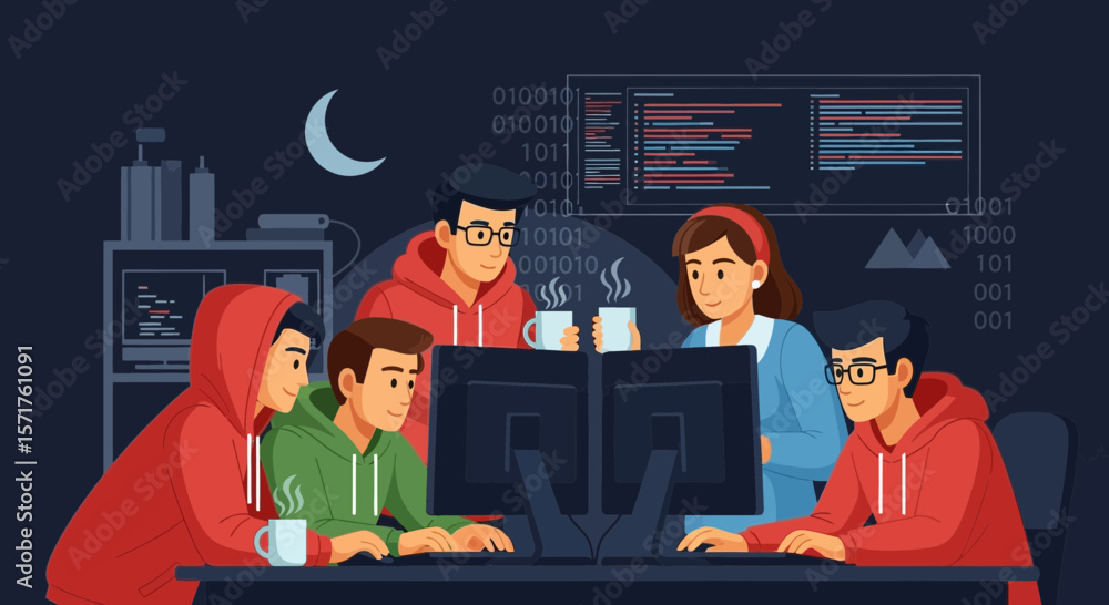 Aufkleber team collaboration on software development and coding late at night
