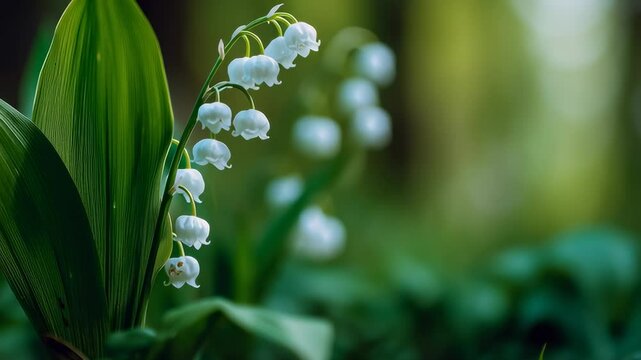 Close-up of a blooming lily of the valley plant with delicate white bell-shaped flowers and large green leaves in a peaceful forest setting.