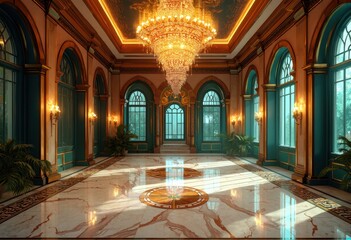 Obraz premium Elegant Interior of a Luxurious Hall with a Grand Chandelier and Marble Flooring