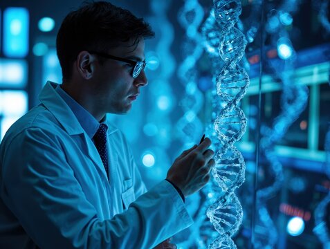 Biologist studying genetic code with advanced interface