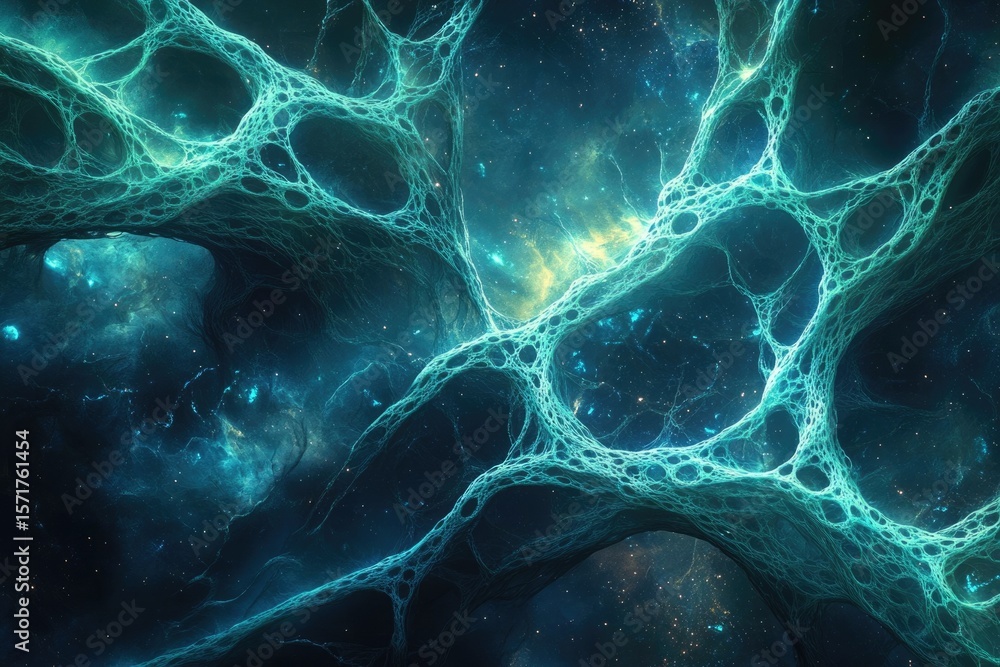 Poster abstract teal network structure against a backdrop of nebula, evoking neural pathways within a cosmi