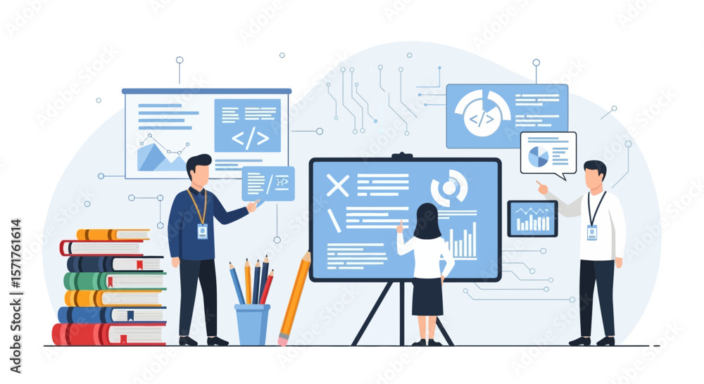 Poster teamwork presentation of data and statistics with growth graphs and charts business project