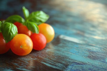 Vibrant cherry tomatoes and fresh basil leaves are arranged on a rustic, textured blue surface, creating a refreshing culinary scene.