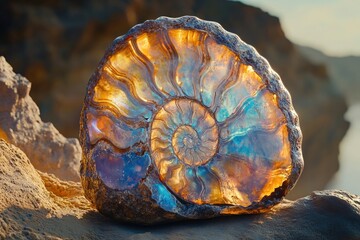 An iridescent, fossilized ammonite shell, glowing with golden light and blue hues, resting on a sandy beach.