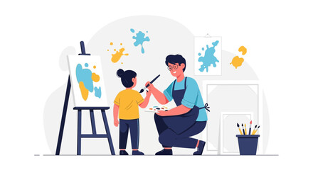 Fototapeta premium Creative Artist Teaching Painting Skills To A Young Child On Canvas