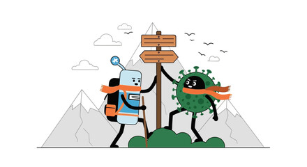 Fototapeta premium The Great Race Sanitizer Versus Virus Climbs A Mountain With Direction Sign