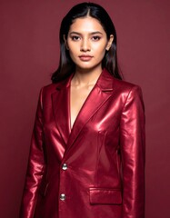 Woman Wearing Shiny Red Jacket Looking at Camera