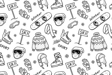 Winter sport seamless pattern with skis, snowboard, sweater, helmet, gloves, scarf, ice skates, ski sign, in hand-drawn black line vector style on white. Perfect for packaging, prints, kids products.