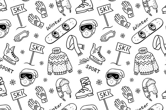 Winter sport seamless pattern with skis, snowboard, sweater, helmet, gloves, scarf, ice skates, ski sign, in hand-drawn black line vector style on white. Perfect for packaging, prints, kids products.