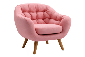 Chic tufted pink accent chair with wooden legs for modern living spaces  isolated on a transparent background