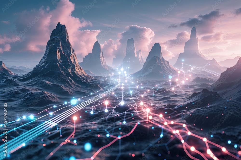 Poster abstract ethereal technology landscape with interactive connection channels