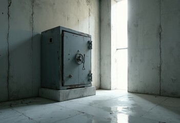 Abandoned Safe in a Dimly Lit Room with Cracked Walls and Natural Light Streaming In